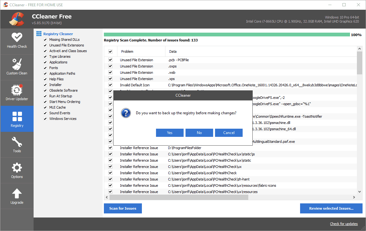 CCleaner-rekisterin varmuuskopiointikehote