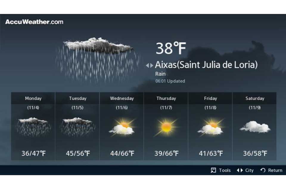 Kuvakaappaus AccuWeather Samsung TV -sovelluksesta