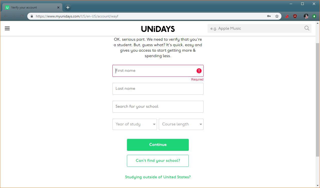 Kuvakaappaus Unidays-kirjautumisprosessista.