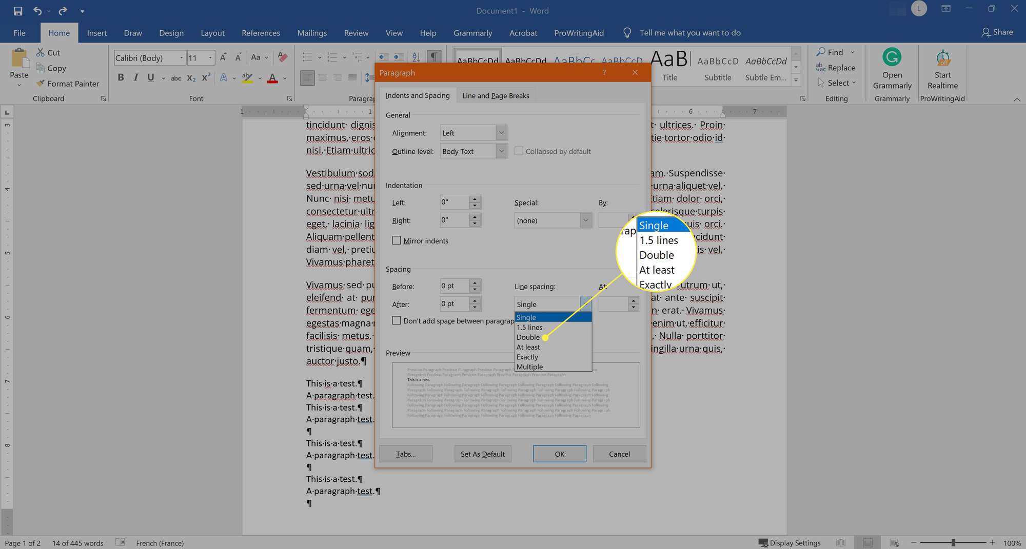 Riviväliasetukset Microsoft Word 2019:ssä.