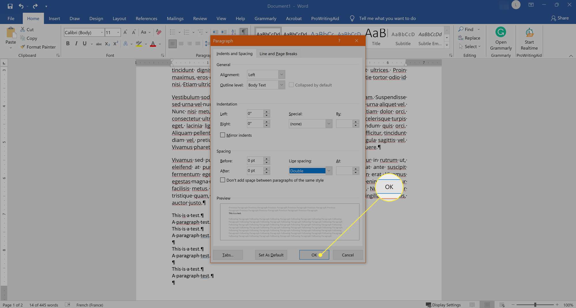 Korjaus kuinka kappale muutetaan kaksoisvälilyönniksi Microsoft Word 2019:ssä.