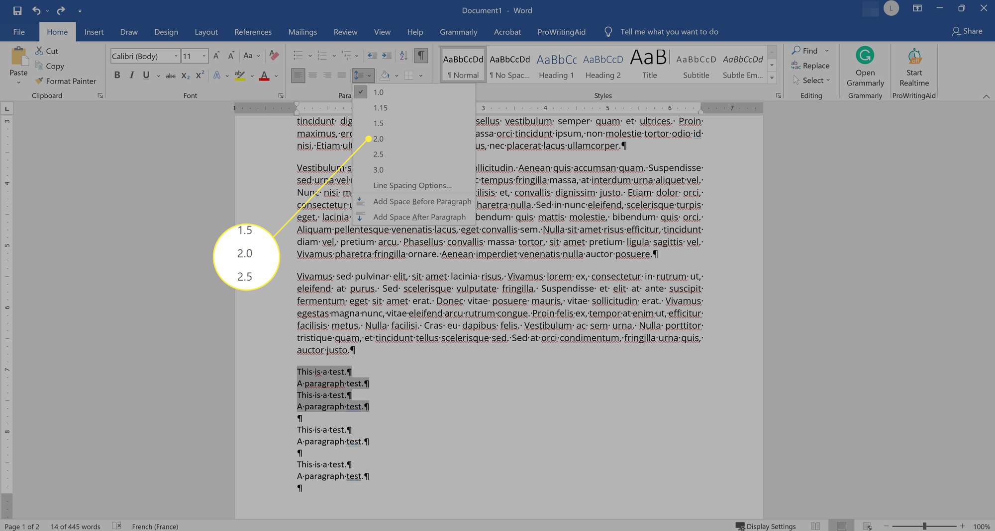 Valitse riviväliksi 2.0 Microsoft Word 2019:ssä.