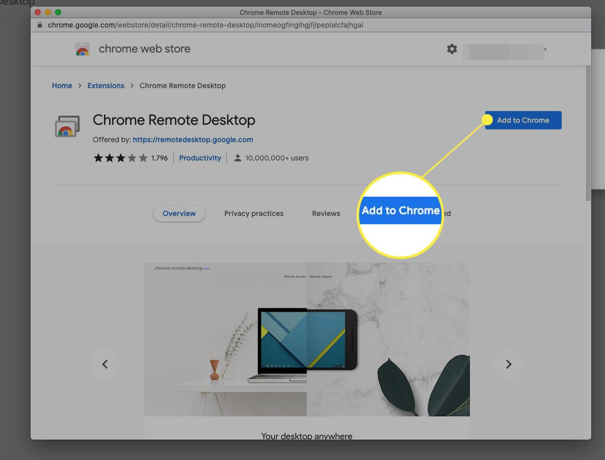 Chrome-kauppa, jossa lisää Chromeen korostettuna
