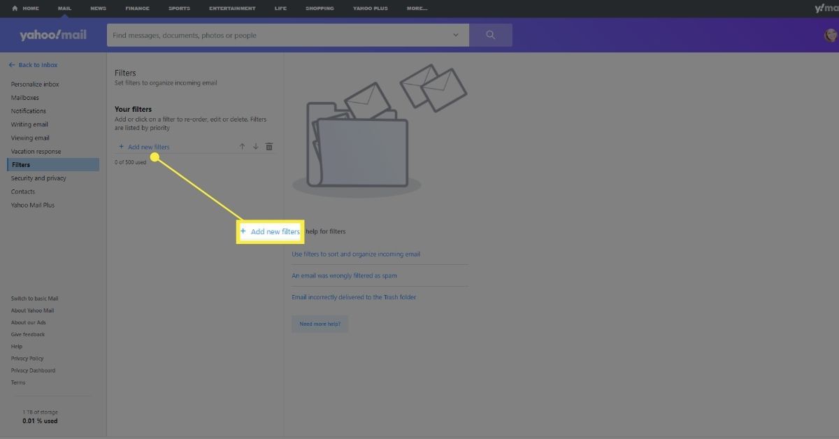 Lisää uusia suodattimia -vaihtoehto Yahoo Mail Filters -sovelluksessa