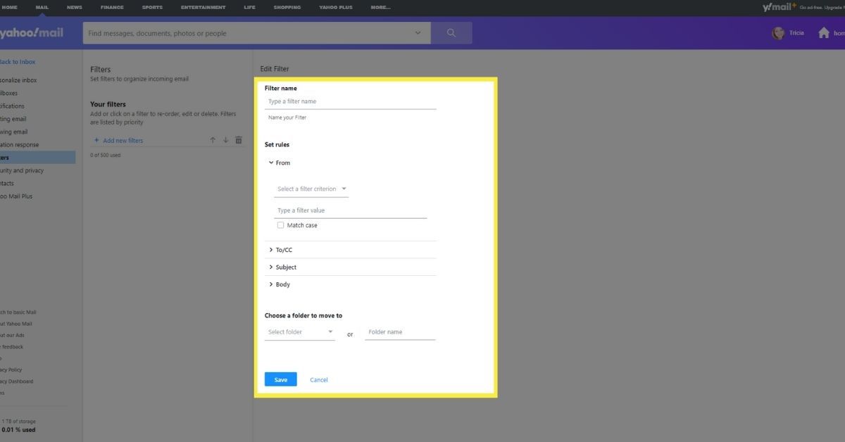 Yahoo Mail Filter Form