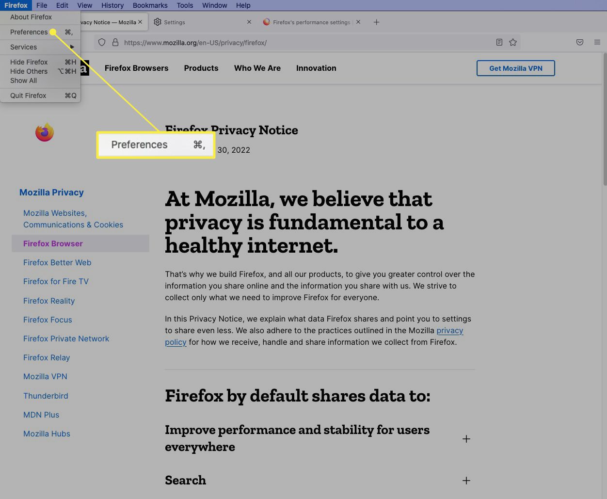 Firefox-selain asetukset korostettuina