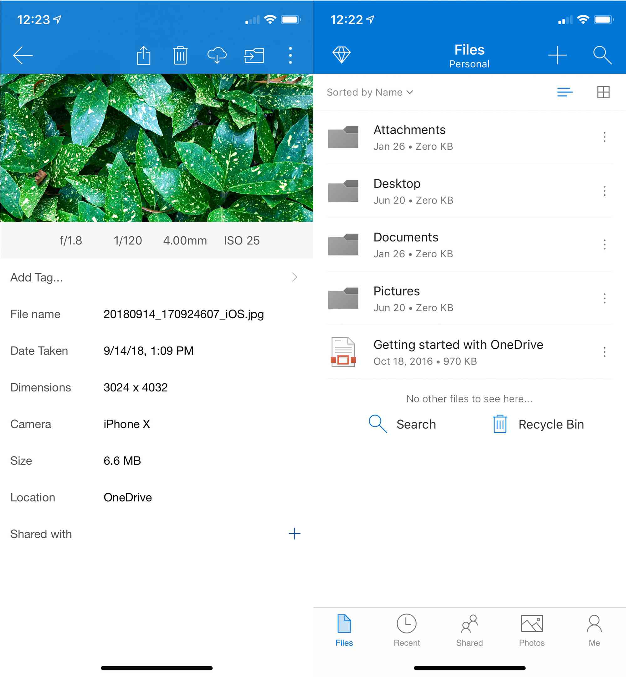 Kuvakaappauksia OneDrive-mobiilisovelluksesta iOS:ssä.