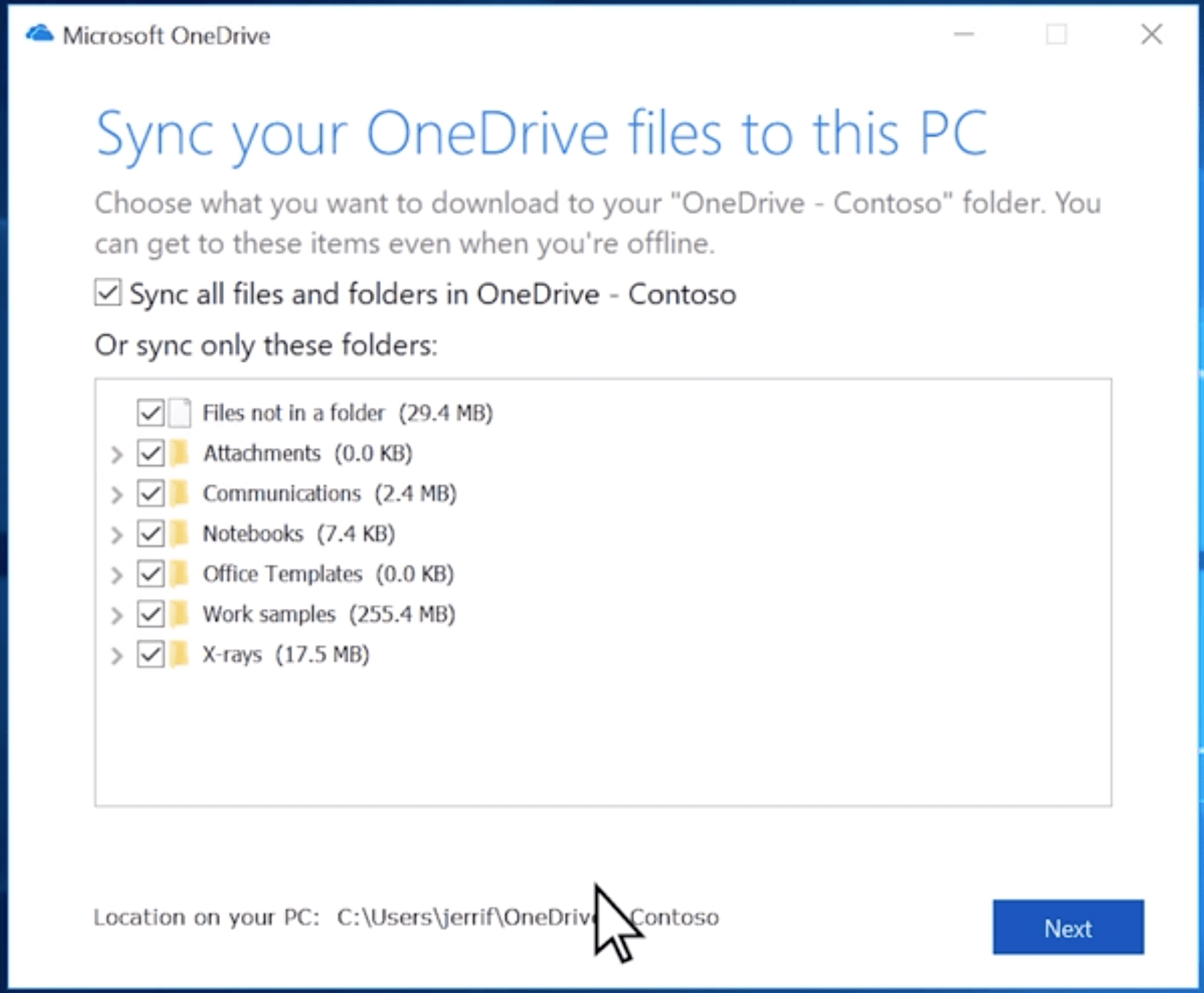 Kuvakaappaukset kansioiden valitsemisesta OneDrive-asennukseen Windowsissa.