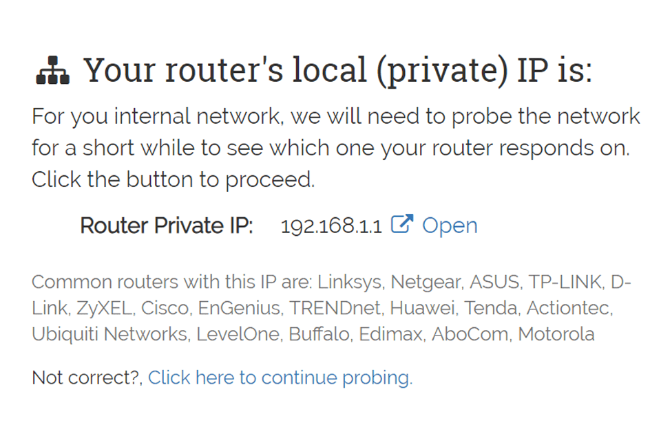 Kuvakaappaus What's My Router IP -verkkosivustosta