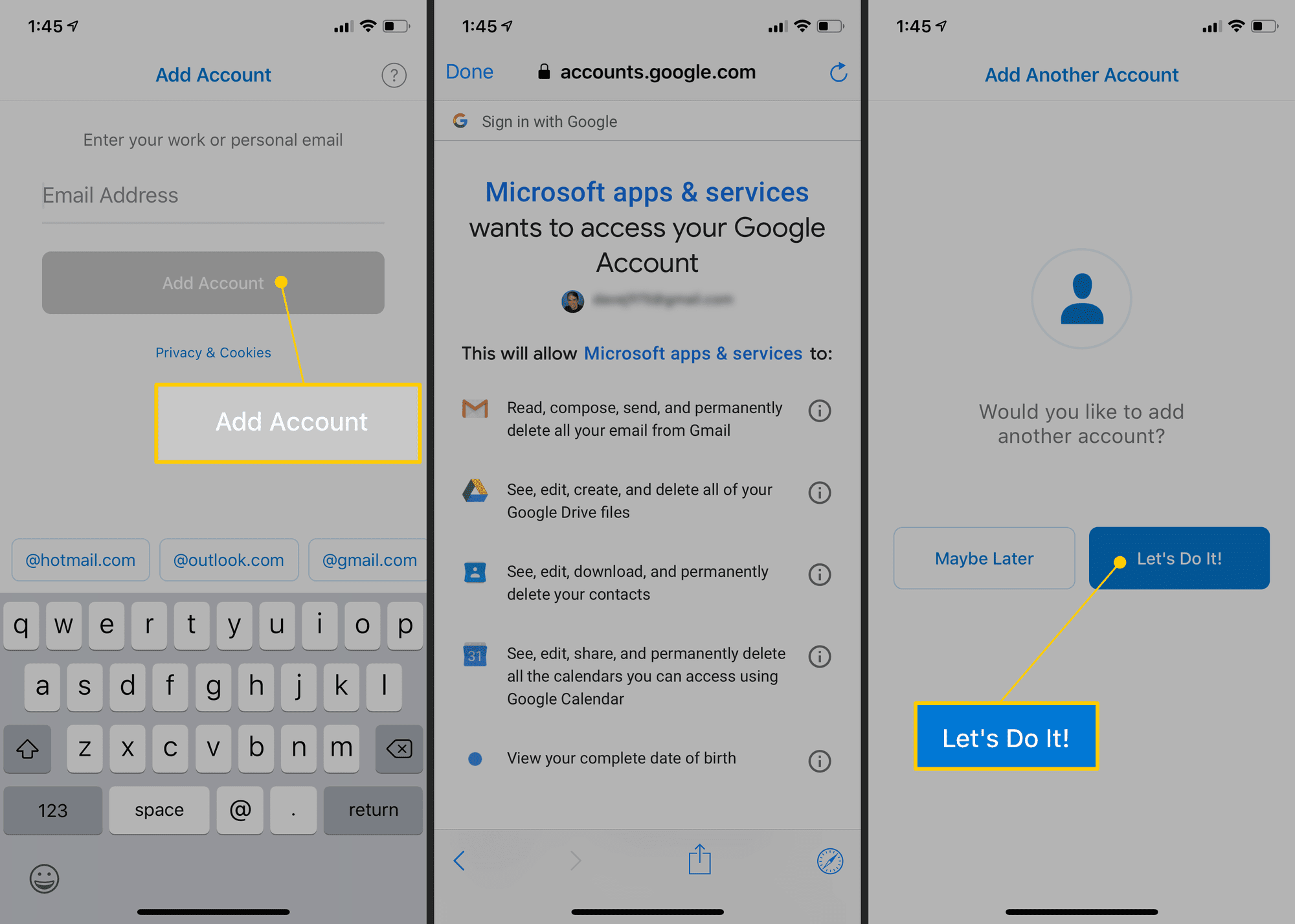 Lisää tili, käyttöoikeudet ja tehdään se!  -painiketta iOS-käyttöjärjestelmän Google-tileille