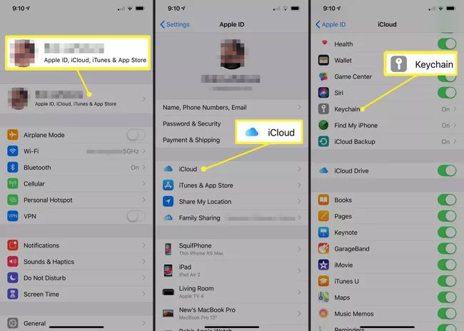 Apple ID, iCloud, avaimenperäpainikkeet iOS-asetuksissa