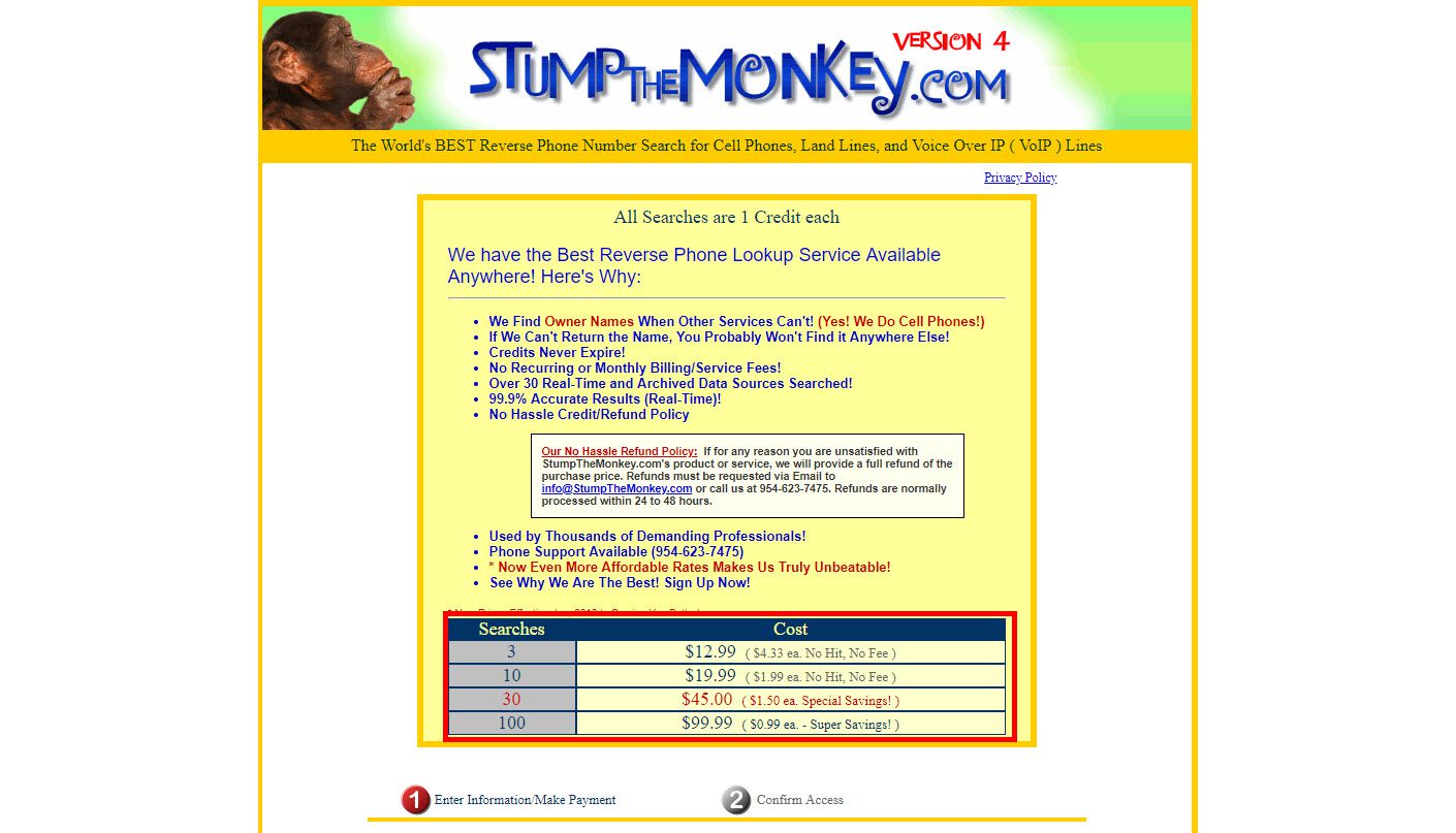 Kuvakaappaus StumptheMonkey.com-verkkosivustosta, jossa näkyy niiden käänteisen haun maksut.