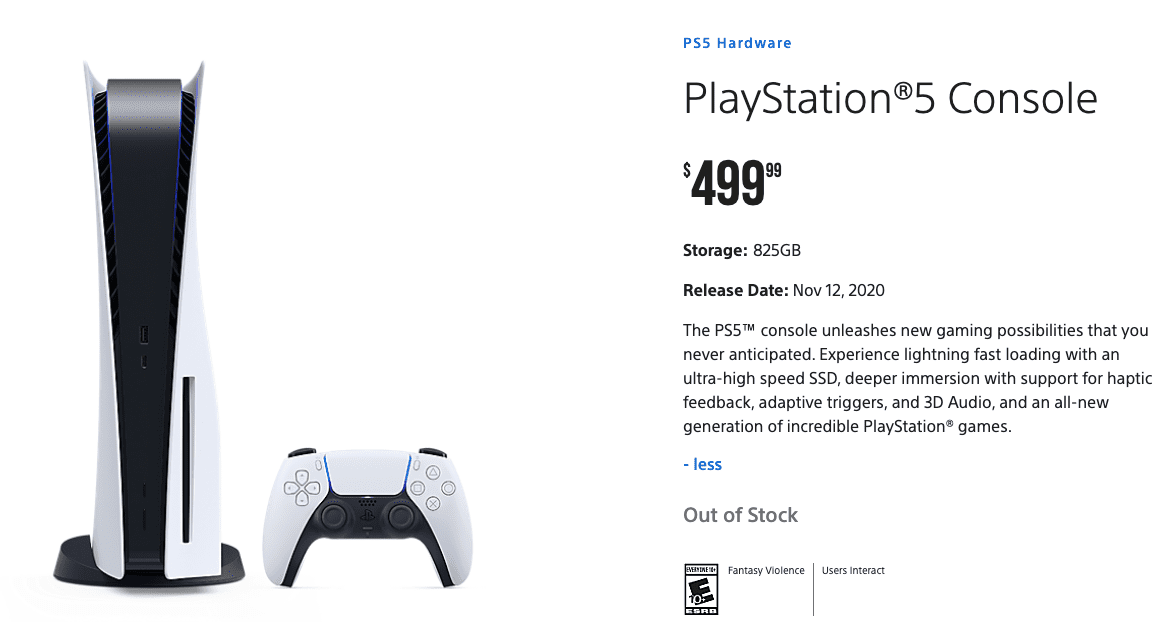 PlayStation Direct -sivuston PS5-kauppasivu, joka näyttää konsolin, on loppu