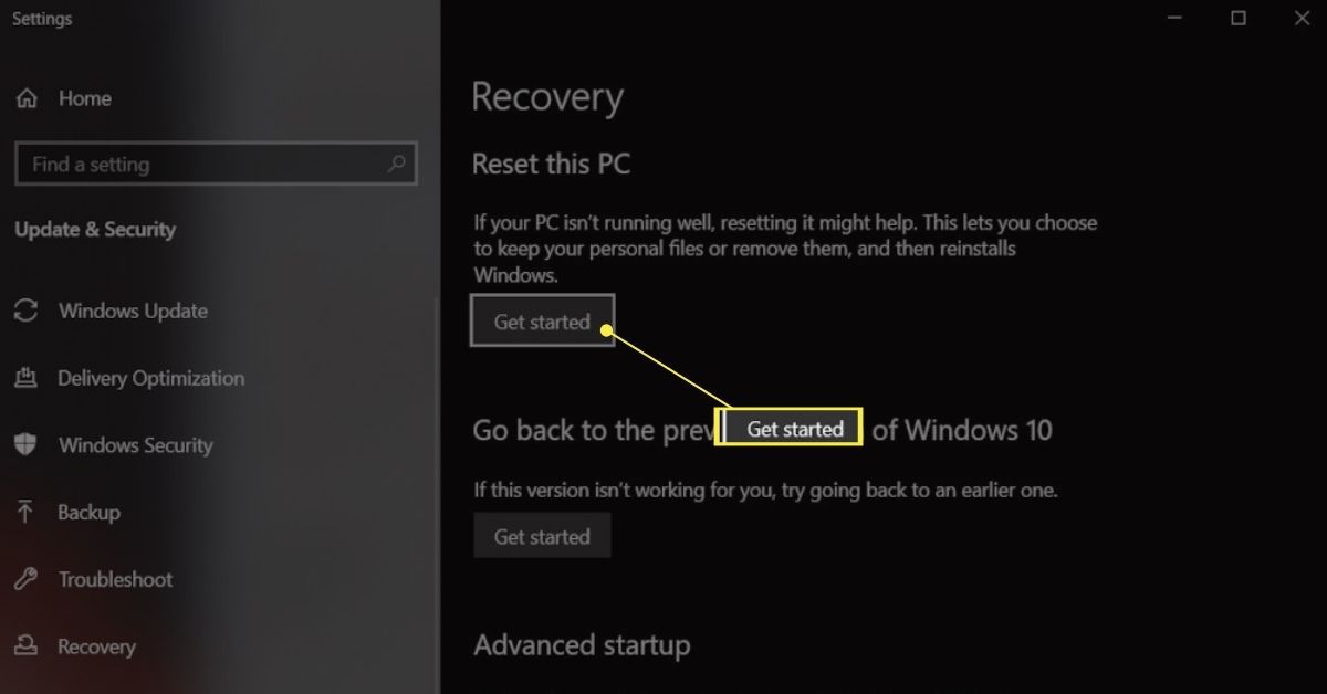 Aloituspainike Asus-kannettavan Windowsin palautusvaihtoehdoista.