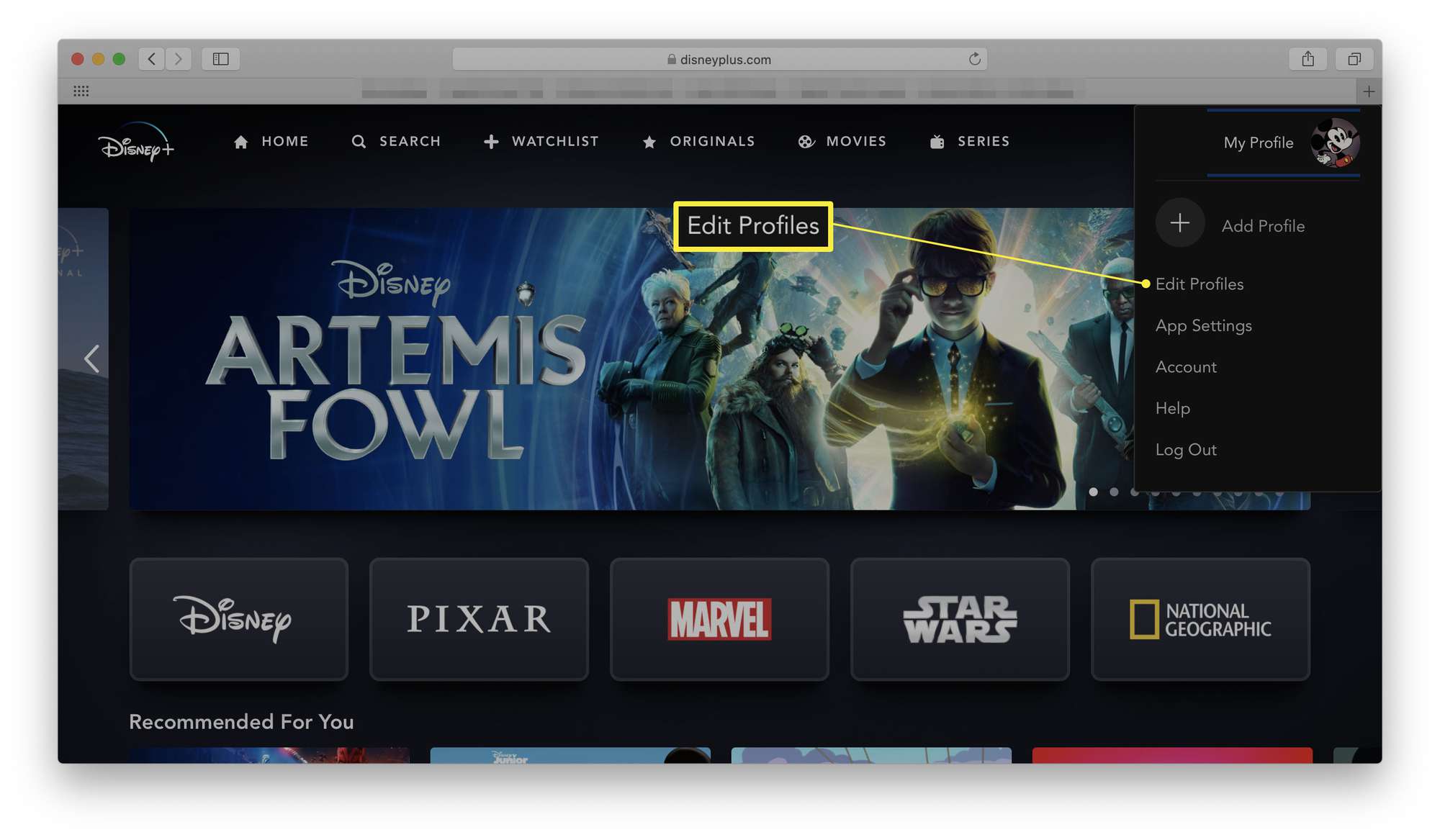 Disney+ ja Muokkaa profiileja -valintaikkuna korostettuna