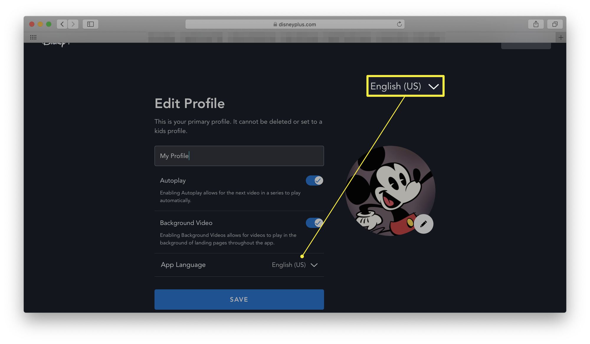 Disney+ -sivusto, jossa Muokkaa profiilia on auki ja sovelluksen kieli korostettuna