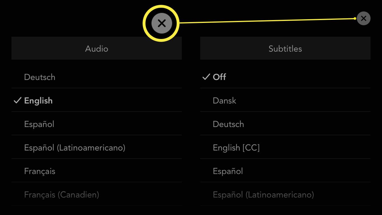 Disney+ -sovellus, jossa on äänen/tekstityksen kielen näyttö ja X oikeassa yläkulmassa muutosten vahvistamiseksi