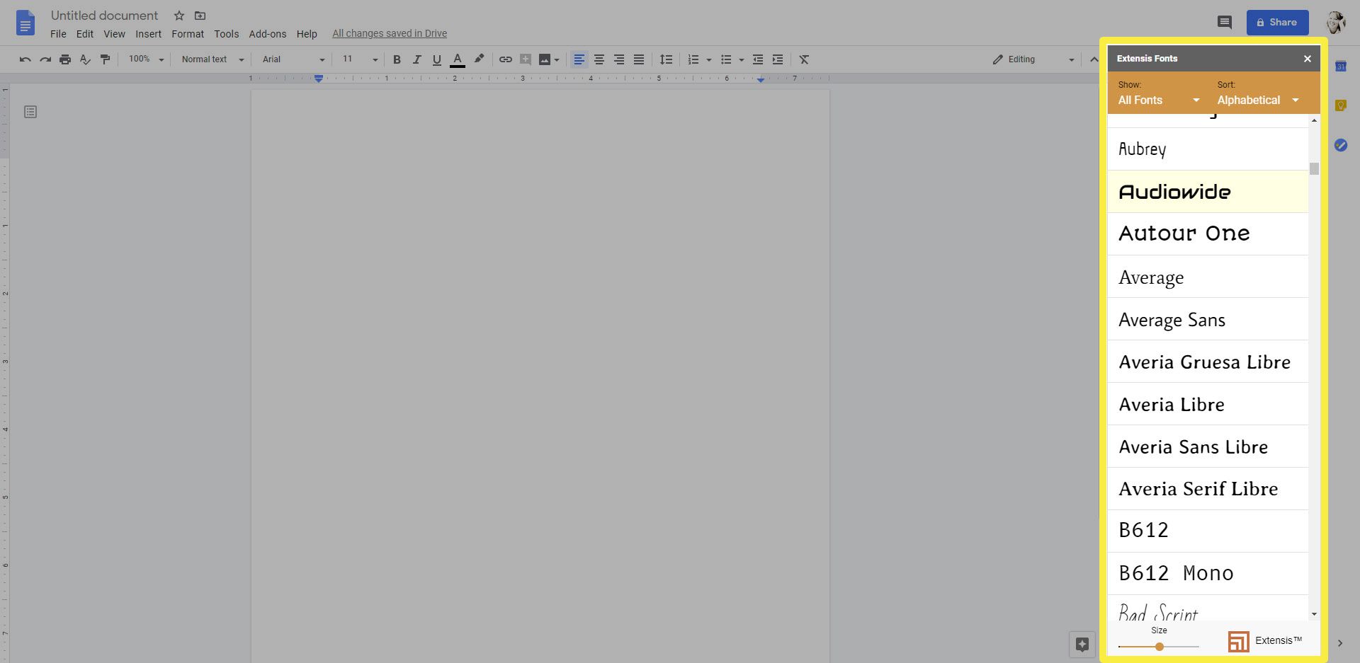 Kuvakaappaus, jossa näkyy Extensis Fonts -lisäosa Google-dokumenttien oikealla puolella.
