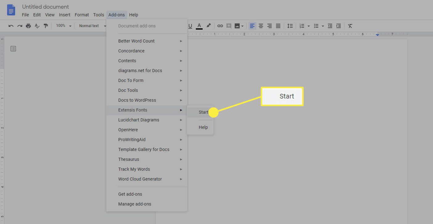 Käynnistä Extensis Font Manager -laajennus Google-dokumenteissa.