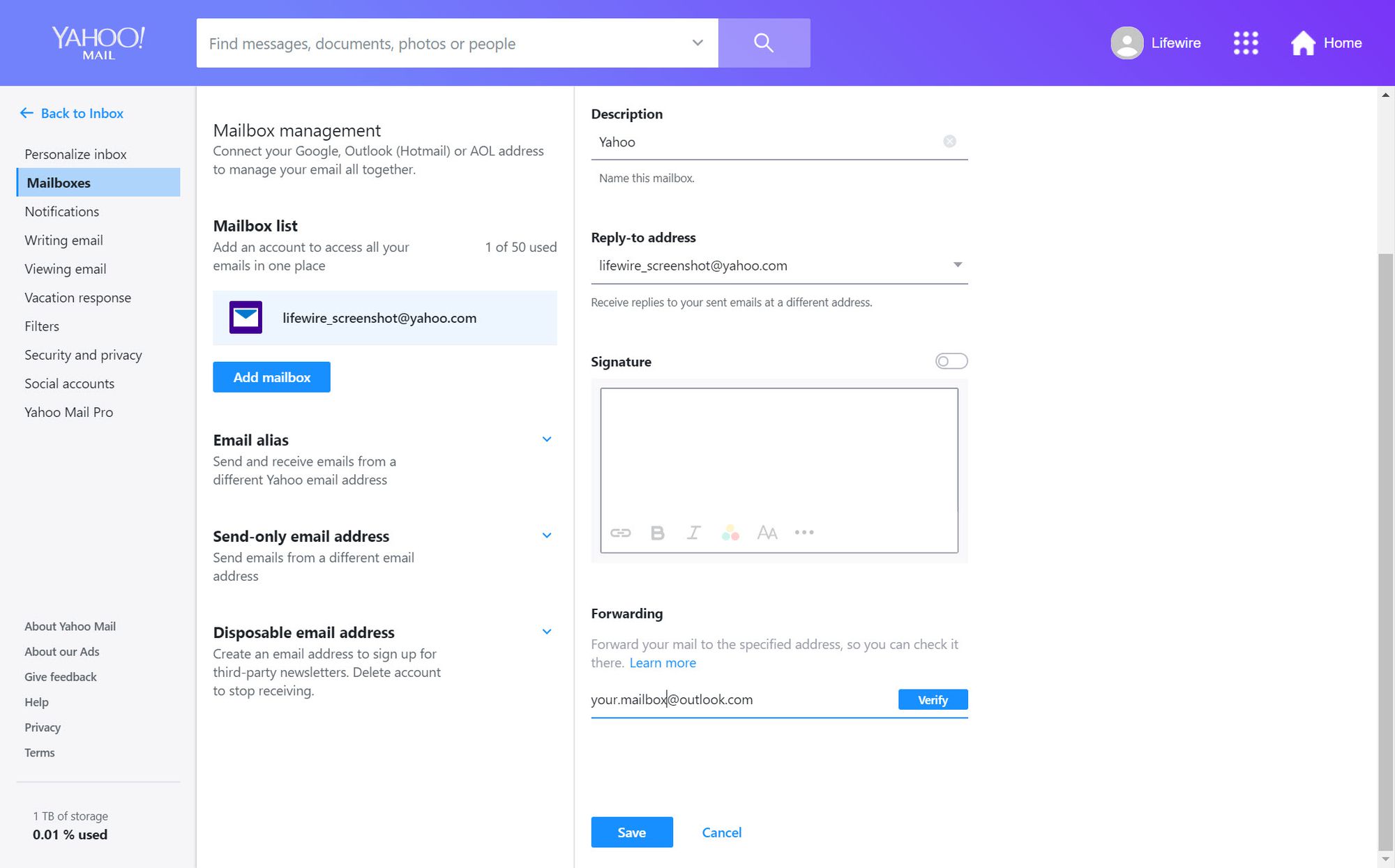 Yahoo Mail Lisää asetuksia Outlook.com-osoitteesi kanssa