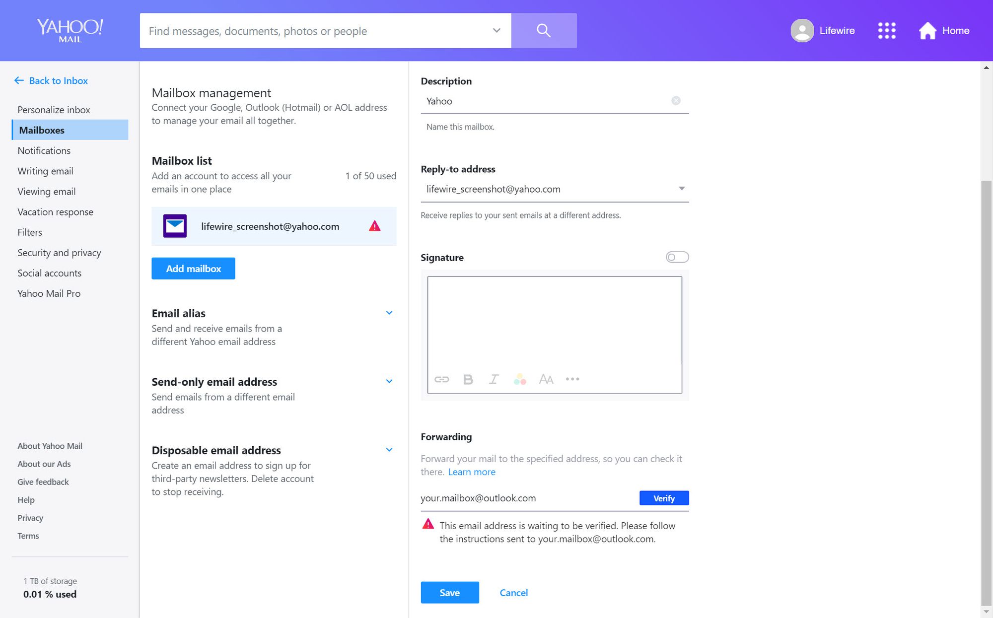 Välitä Yahoo Mail, kun Vahvista on valittu