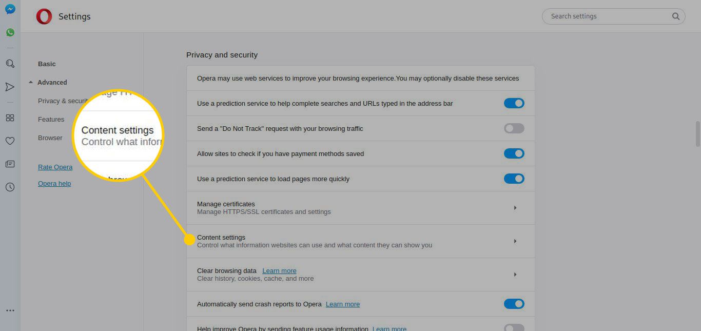 Sisältöasetukset-vaihtoehto Operan tietosuoja- ja suojausasetuksissa