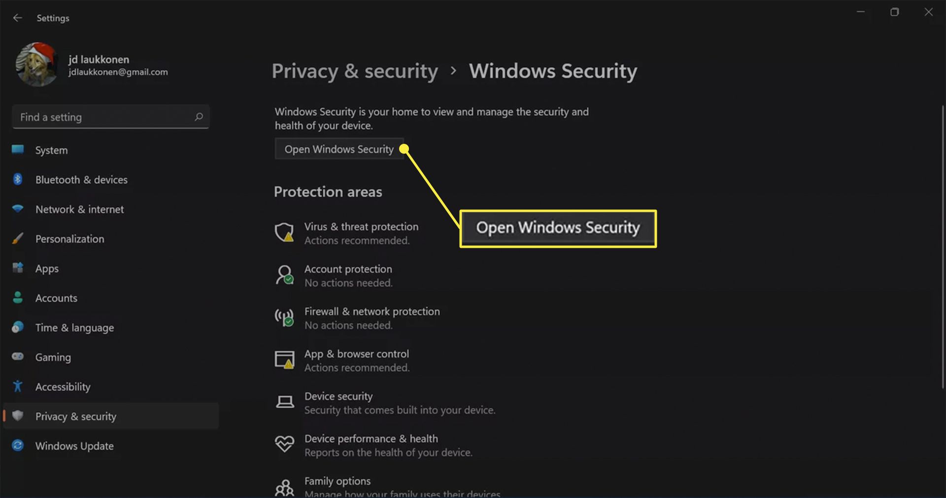 Avaa Windowsin suojaus, joka on korostettuna Windows 11 Security -kohdassa.