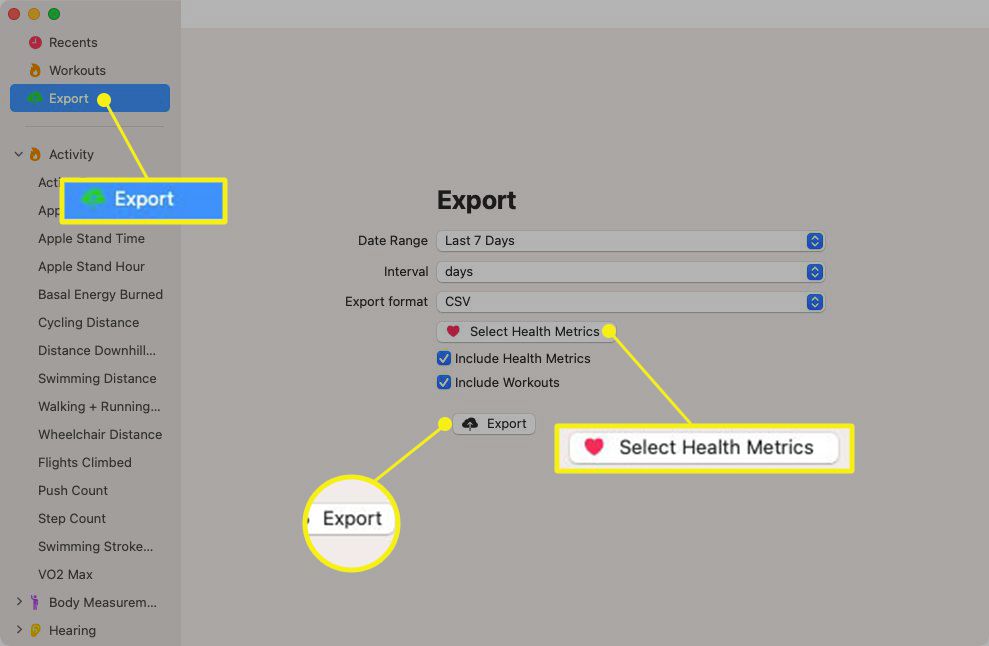 Health Auto Export -sovellus, jossa on Export ja Select Health Metrics korostettuina