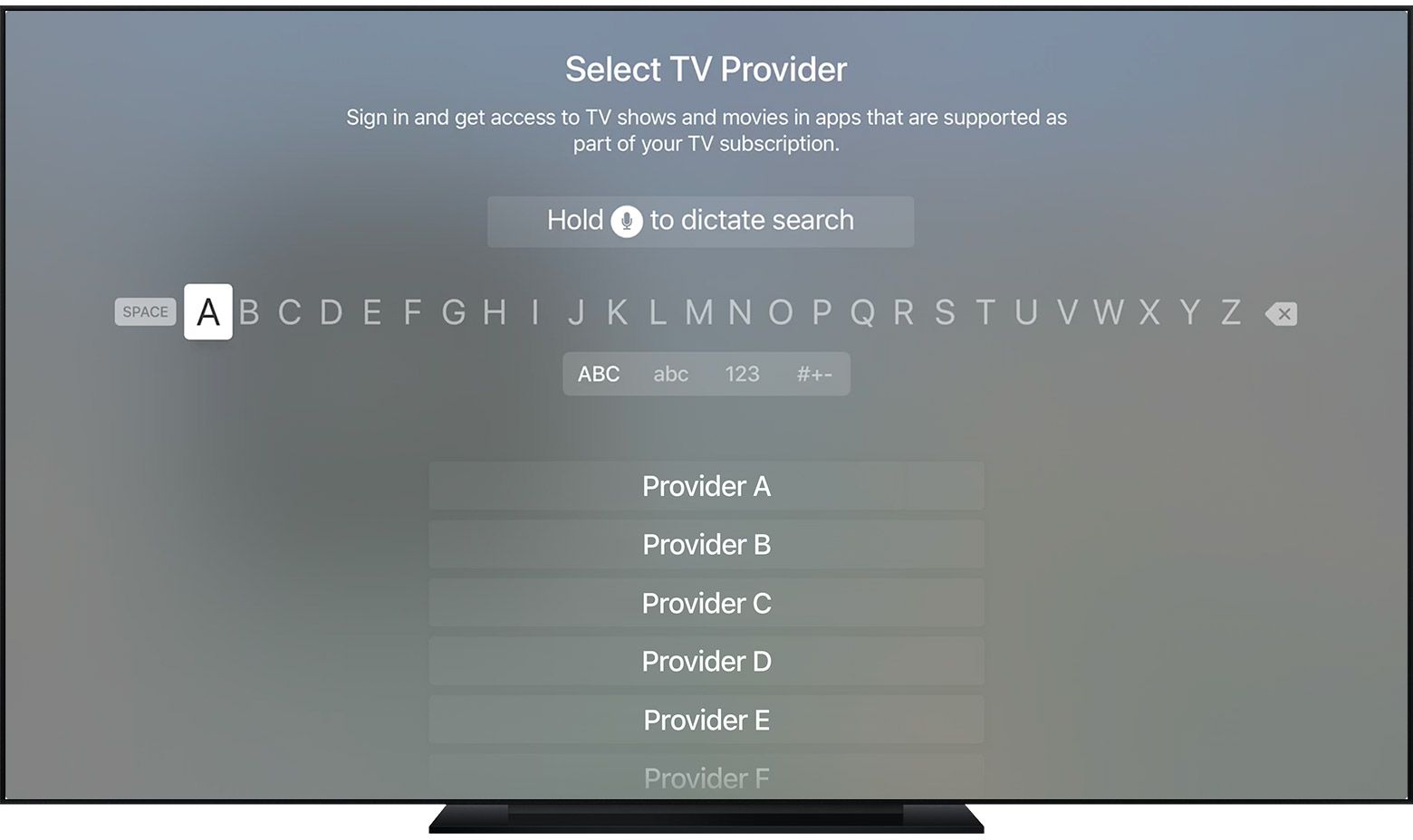 Valitse TV-palveluntarjoajasi Apple TV:n kertakirjautumista varten.