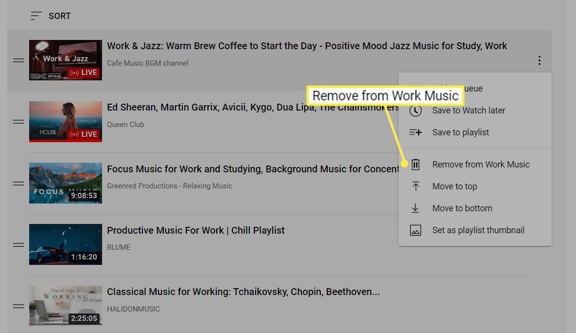 Poista vaihtoehto Work Musicista YouTube-soittolistalla