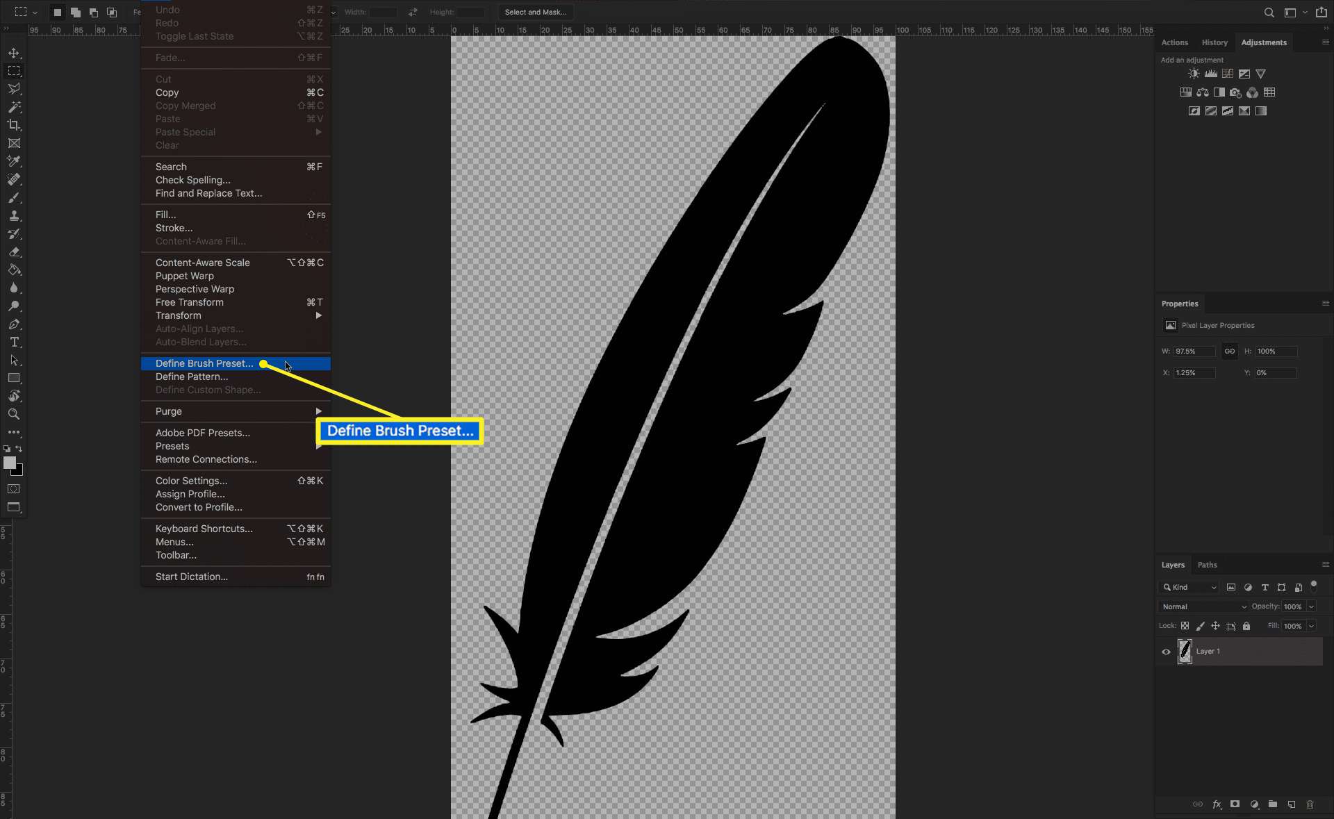 Define Brush Preset -komennon sijainti Photoshop CC:ssä