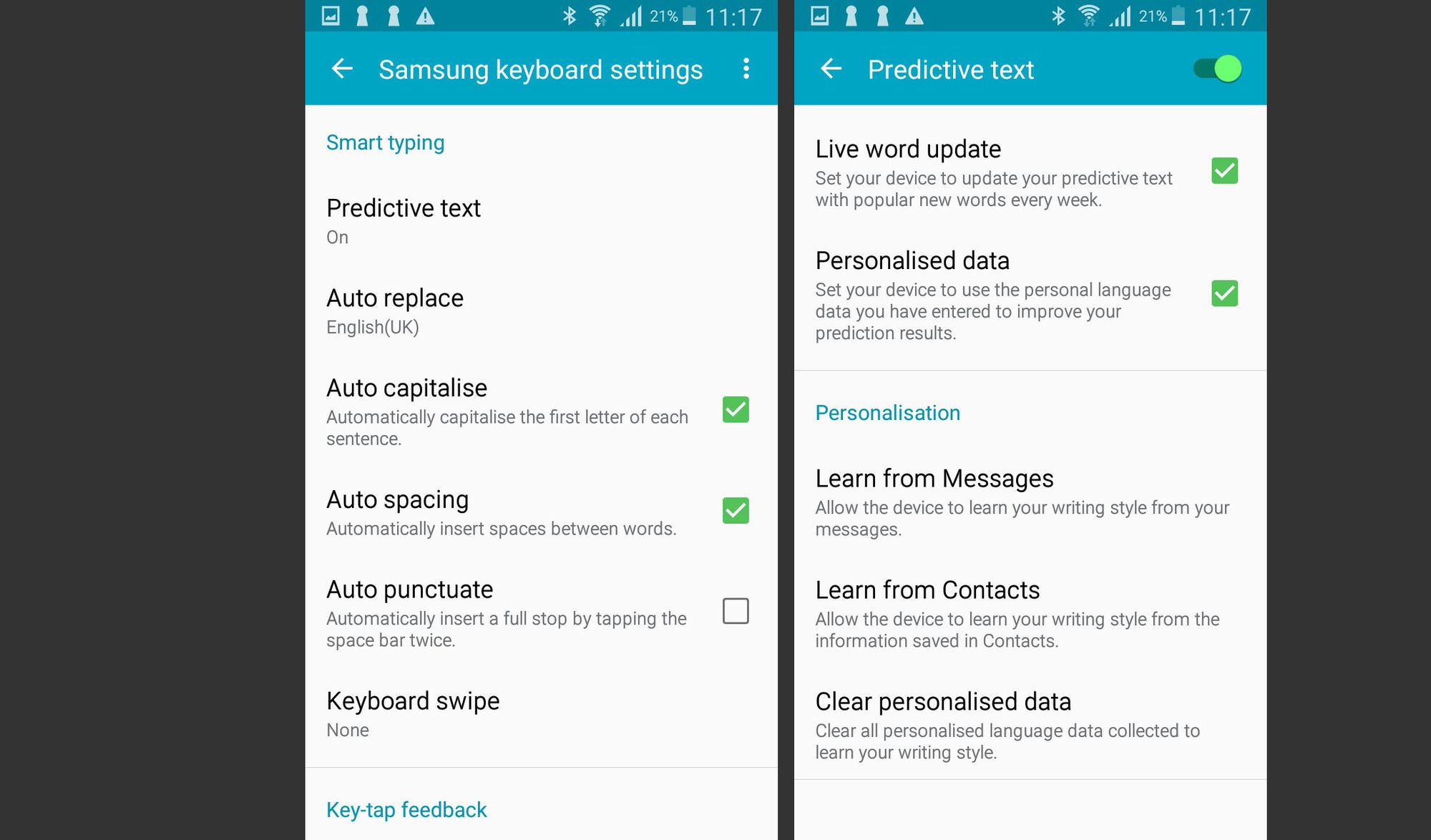 Samsungin näppäimistöasetukset ja ennakoivan tekstin asetukset