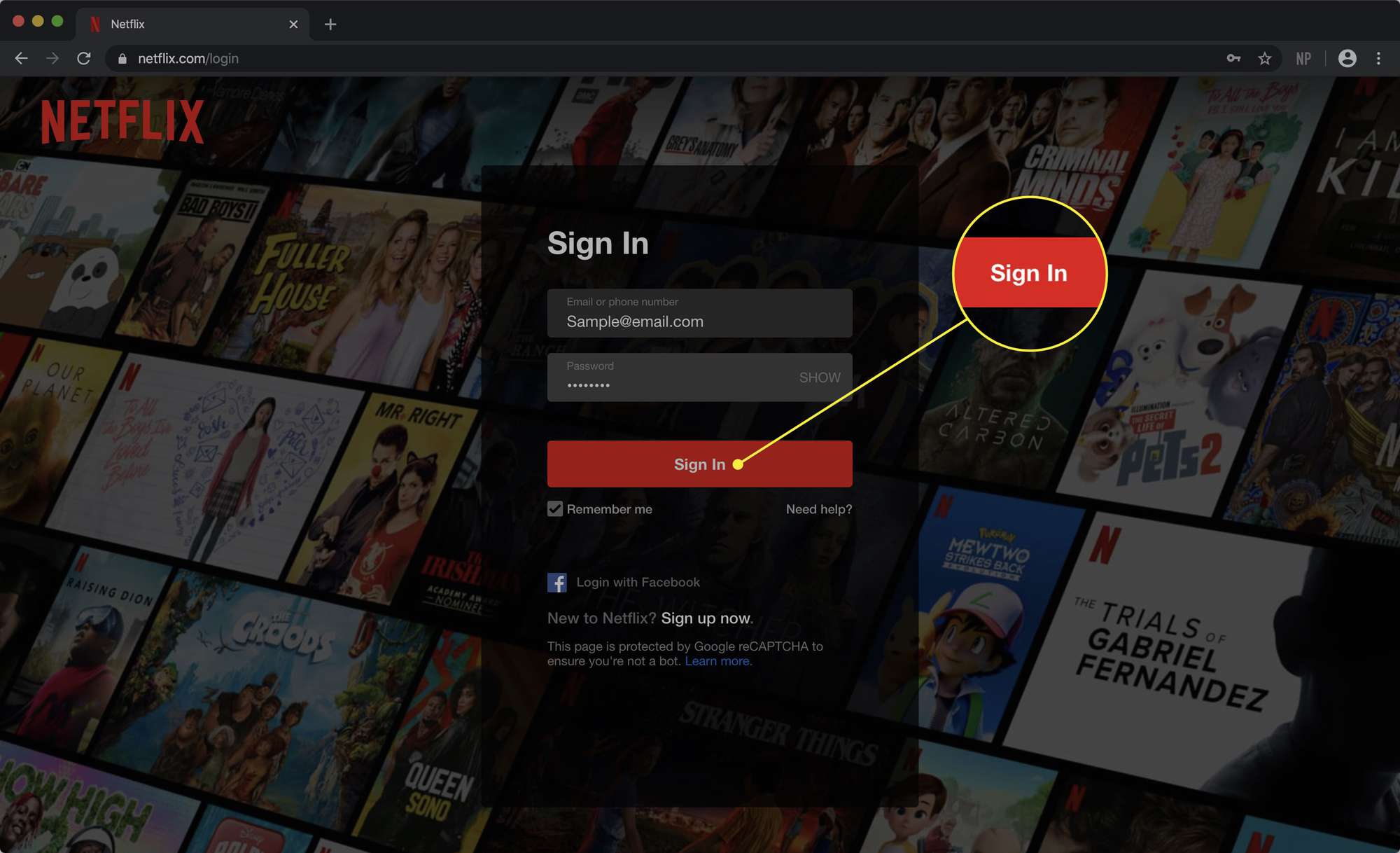 Kuvakaappaus Netflixin kirjautumissivusta, jossa on korostettuna kirjautumispainike