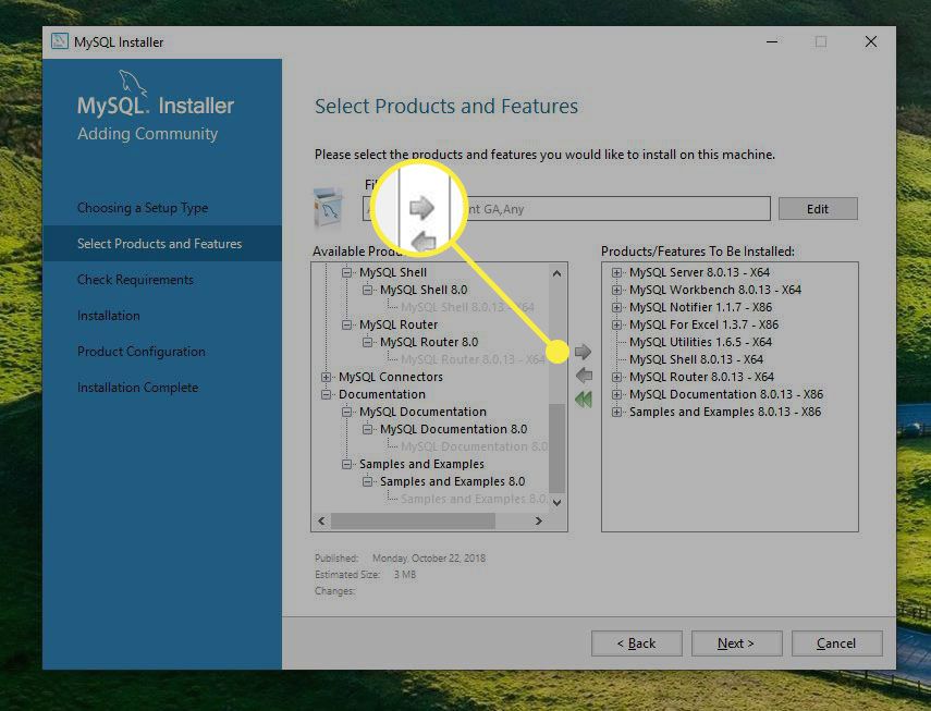 Oikea nuoli MySQL Installerissa