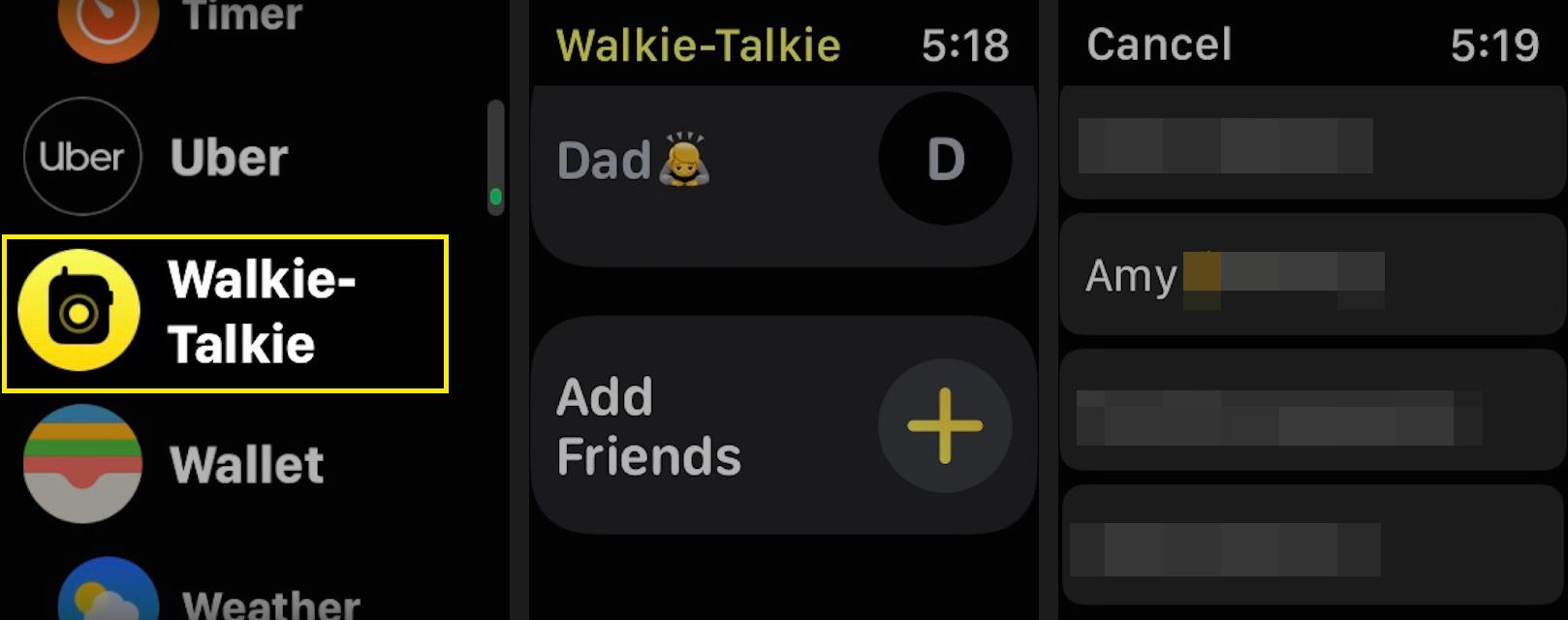 Lisää yhteystieto Apple Watch Walkie-Talkie -sovellukseen