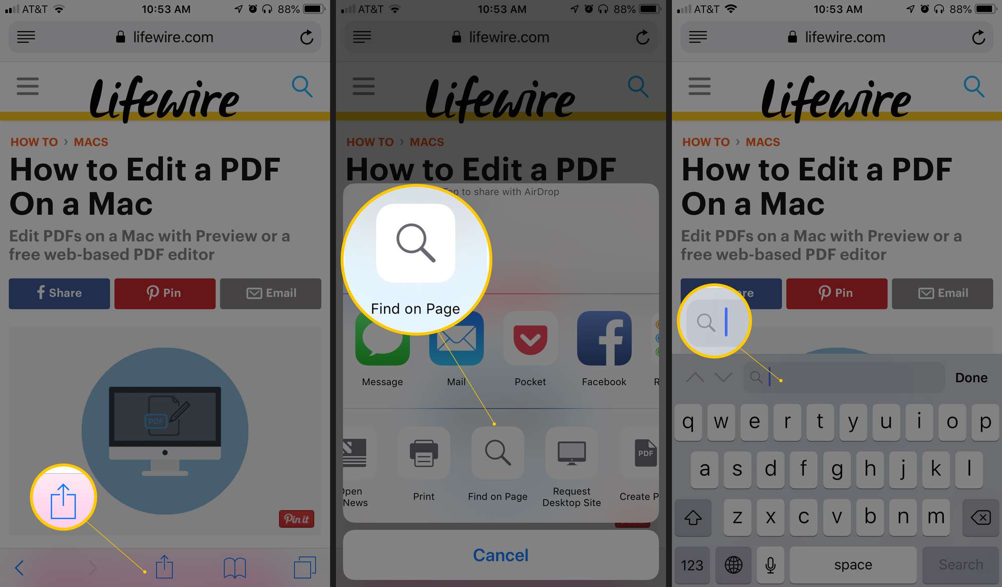 Kolme iOS-näyttöä, joissa on toimintopainike Safarissa, Hae sivulla ja hakukenttä