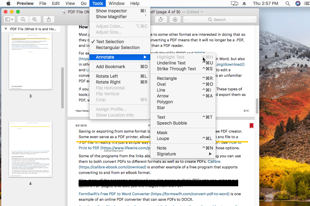 Annotate-valikko macOS-esikatselussa