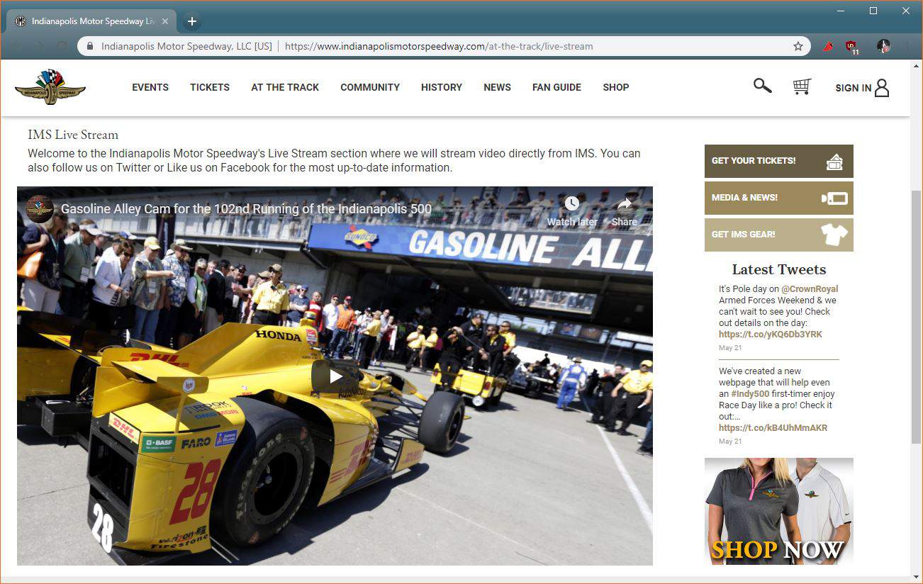 Kuvakaappaus Indy 500:n virallisesta IMS-suoratoistosta.