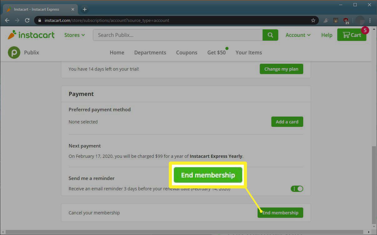 Instacart Express -jäsenyyden lopetuspainike