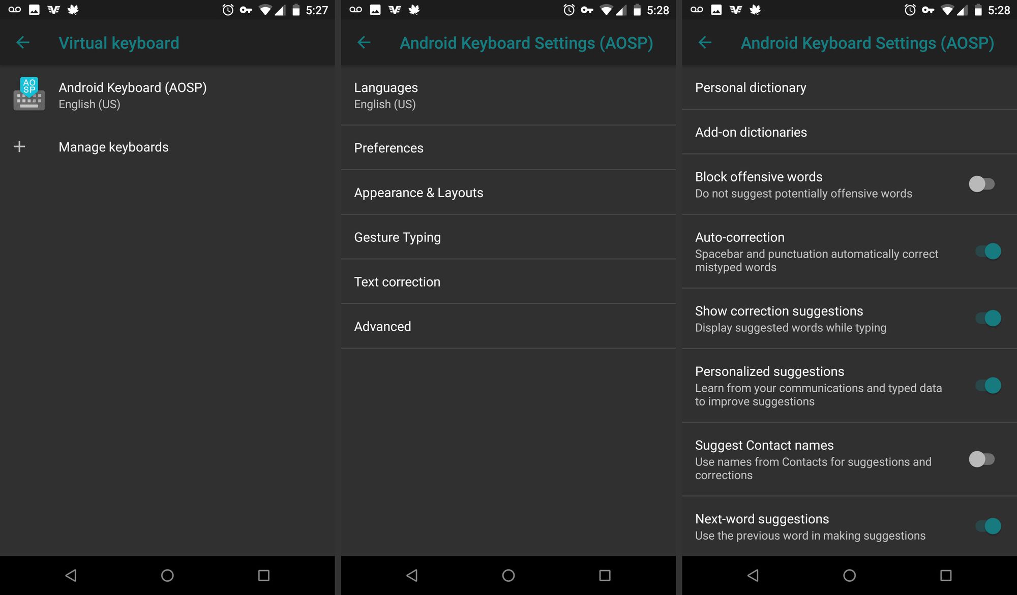 Androidin virtuaalinen näppäimistö ja automaattisen korjauksen asetukset
