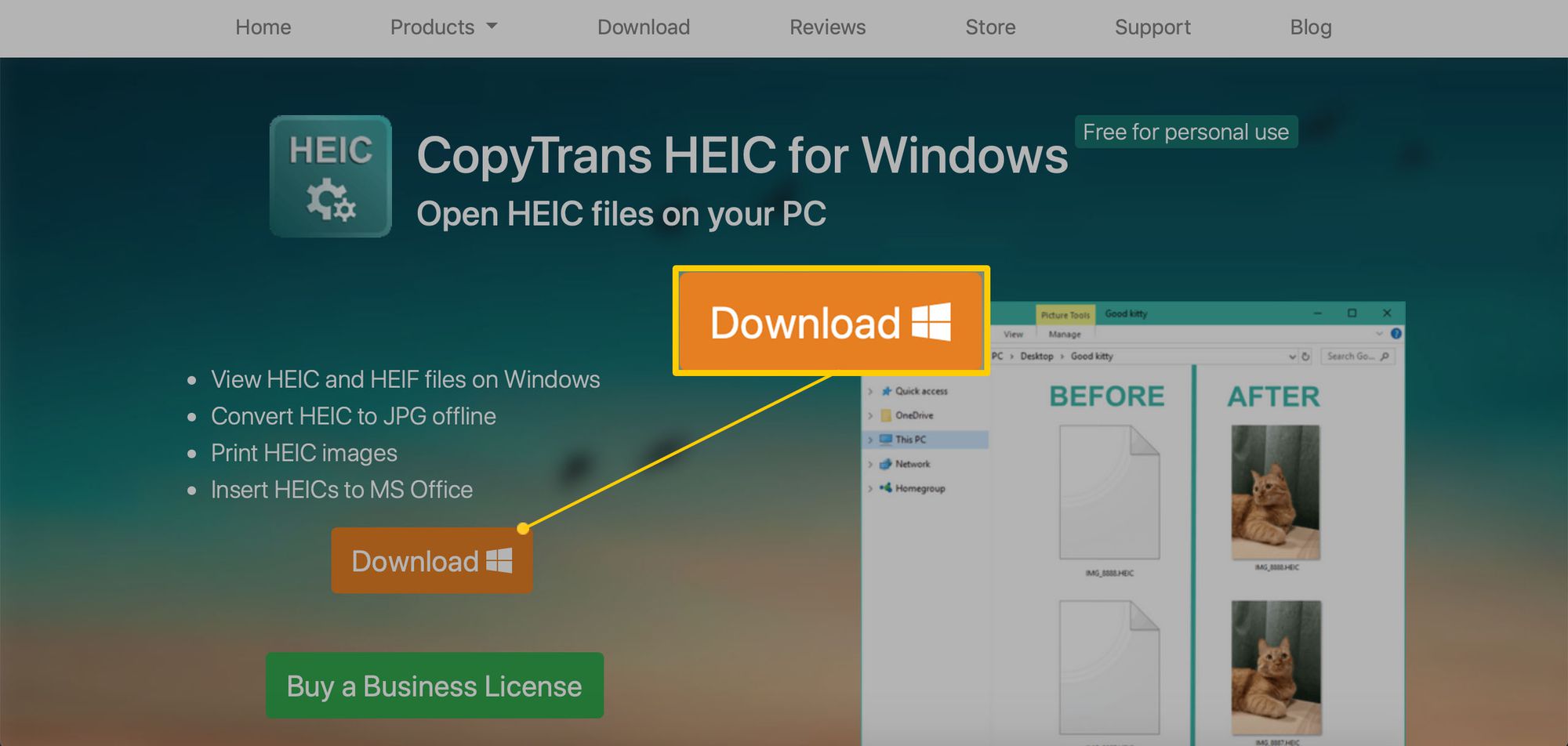 Selainikkuna, jossa näkyy CopyTrans HEIC for Windows -ohjelmistopaketti
