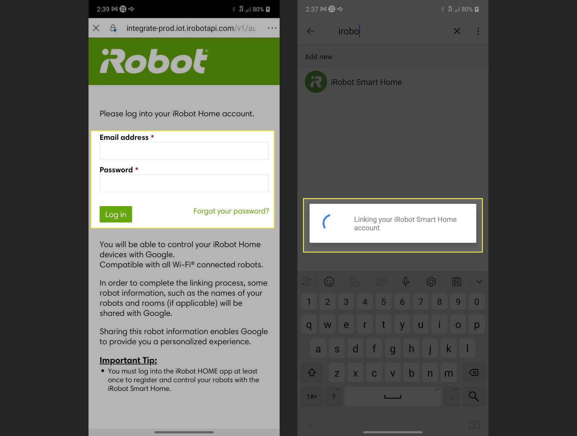 iRobot-tilisivu, jossa käyttäjätiedot ja kirjautumisviesti on korostettuna