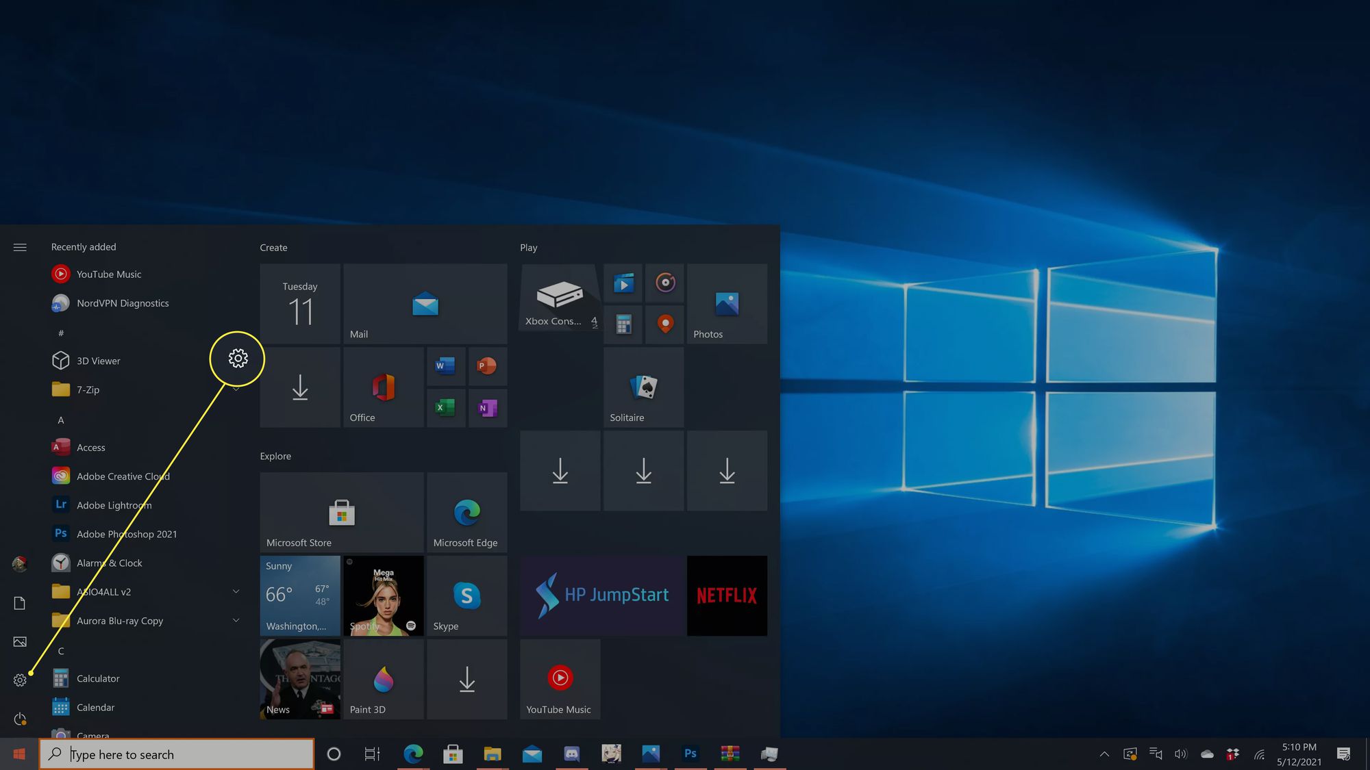 Windows 10:n käynnistysvalikossa korostettu rataskuvake.