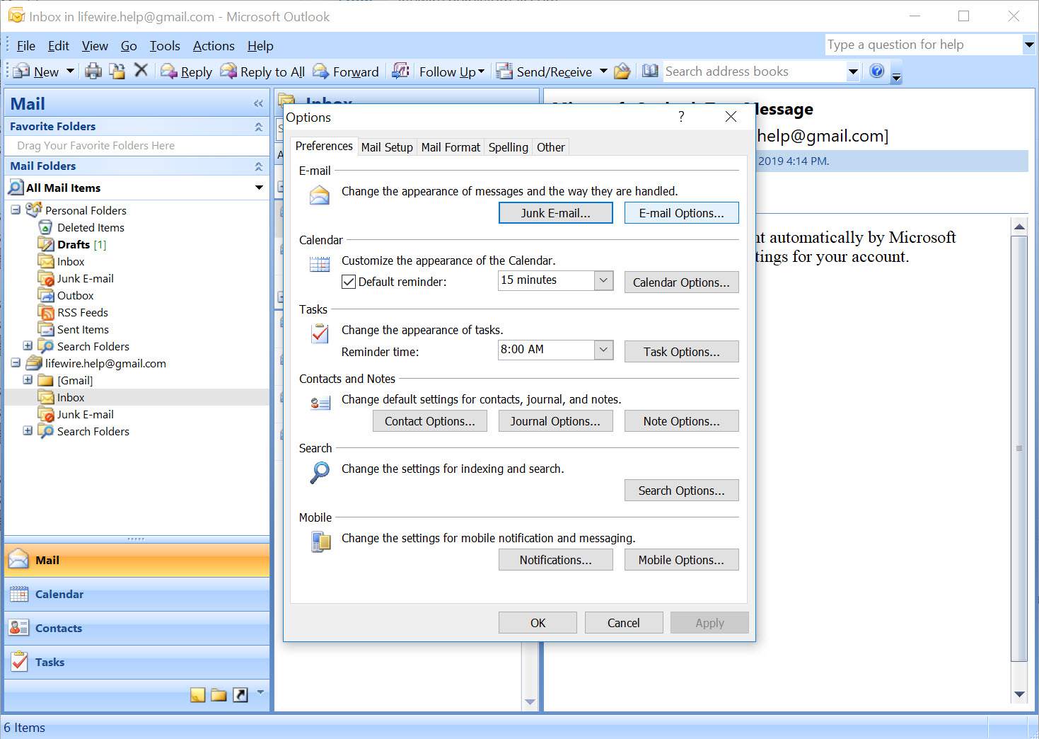 Outlook 2007:n asetusvalikko, jossa sähköpostiasetukset on valittu