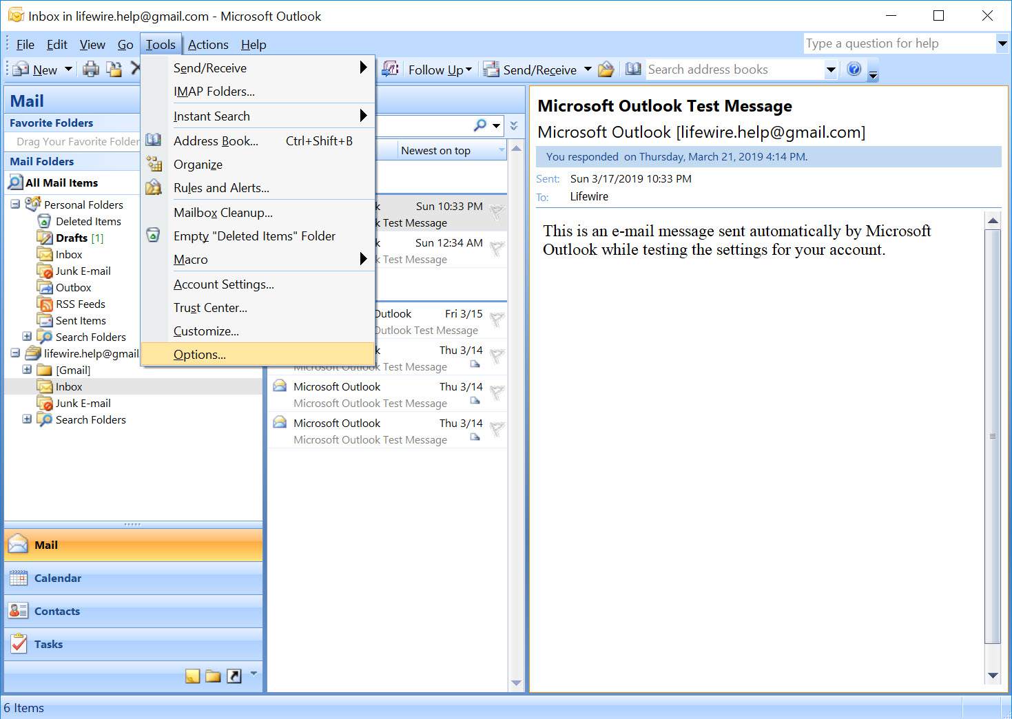 Outlook 2007:n Työkalut-valikko, jossa on Asetukset valittuna
