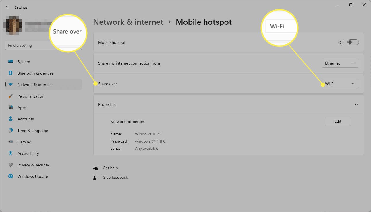 Windows 11 Mobile Hotspot -asetukset, joissa Share Over ja Wi-Fi on korostettuna