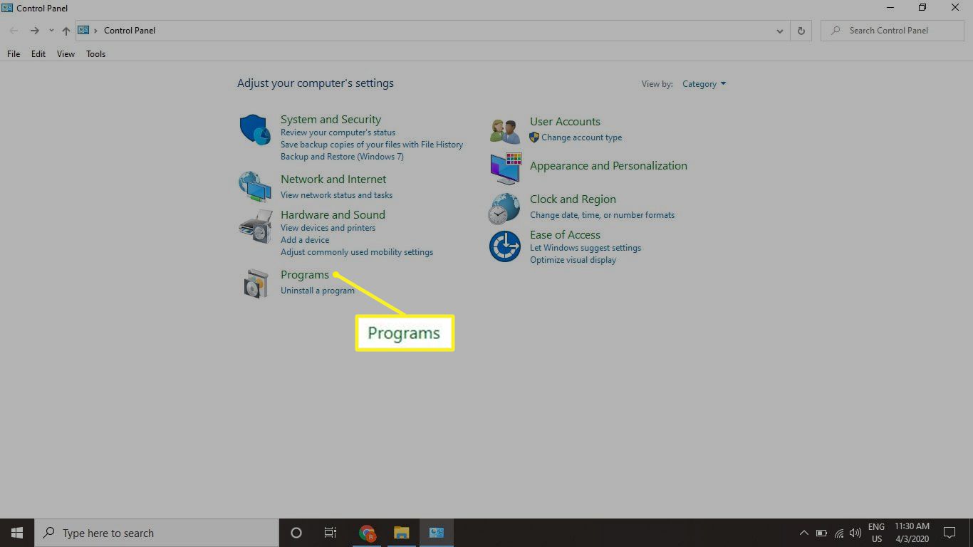 Windowsin Ohjauspaneeli, jossa Ohjelmat on korostettuna