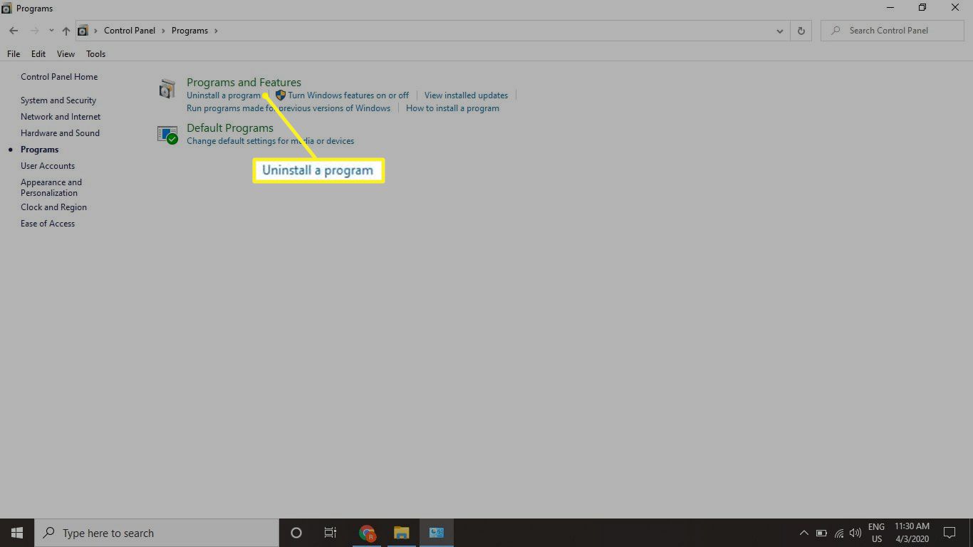 Windows-ohjelmat -näyttö, jossa on korostettuna Poista ohjelman asennus