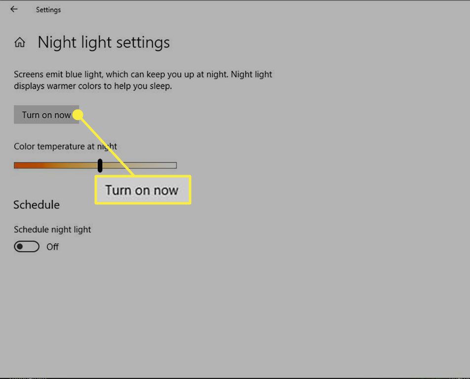 "Käynnistä nyt" -painike Windows 10:n yövaloasetuksissa
