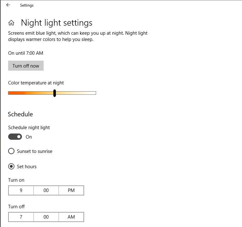 kuvakaappaus Windows 10 Night Light -asetuksista